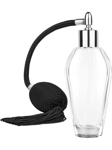 Grace design 55 ml, 1.85oz  clear glass bottle  with Black vintage style bulb sprayer with tassel with shiny silver collar cap.