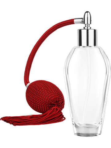 Grace design 55 ml, 1.85oz  clear glass bottle  with Red vintage style bulb sprayer with tassel with shiny silver collar cap.