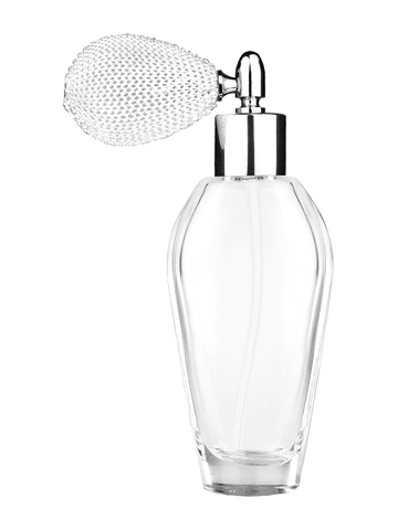 Grace design 55 ml, 1.85oz  clear glass bottle  with white vintage style bulb sprayer with shiny silver collar cap.