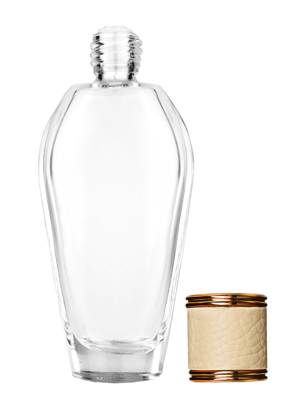 Grace design 55 ml, 1.85oz  clear glass bottle  with reducer and ivory faux leather cap.