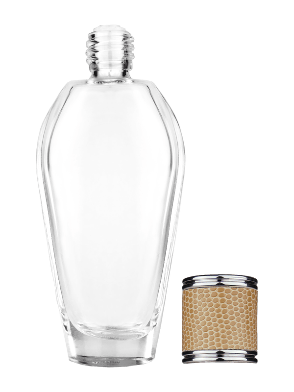 Grace design 55 ml, 1.85oz  clear glass bottle  with reducer and light brown faux leather cap.