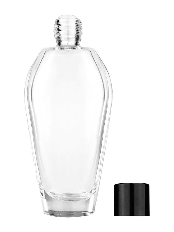 Grace design 55 ml, 1.85oz  clear glass bottle  with reducer and black shiny cap.