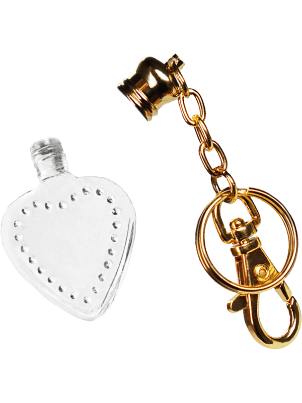 Heart design 4 ml, Clear glass bottle with gold key chain.