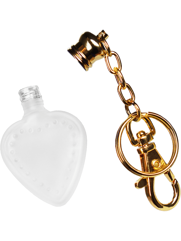 Heart design 4 ml, Frosted glass bottle with gold key chain.