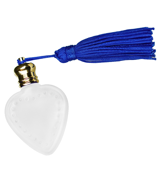 Heart design 4 ml, Frosted glass bottle with blue tassel.