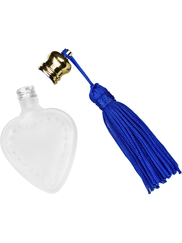 Heart design 4 ml, Frosted glass bottle with blue tassel.