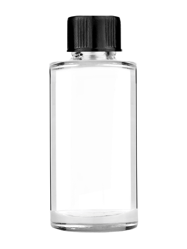 Cylinder design 9ml Clear glass bottle with short ridged black cap.