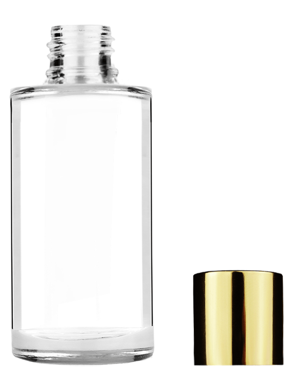 Cylinder design 9ml Clear glass bottle with short gold plastic cap.