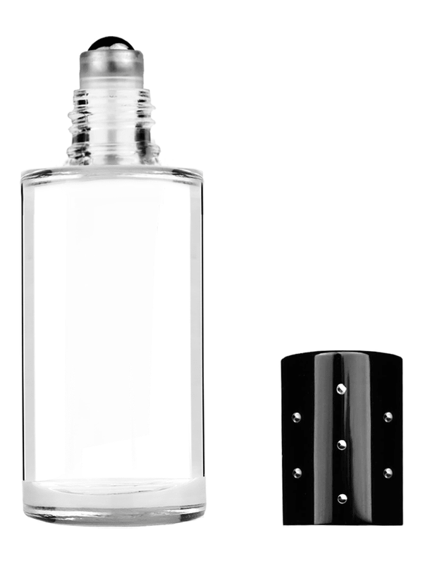 Cylinder design 9ml Clear glass bottle with metal roller ball plug and cap in black with dots.