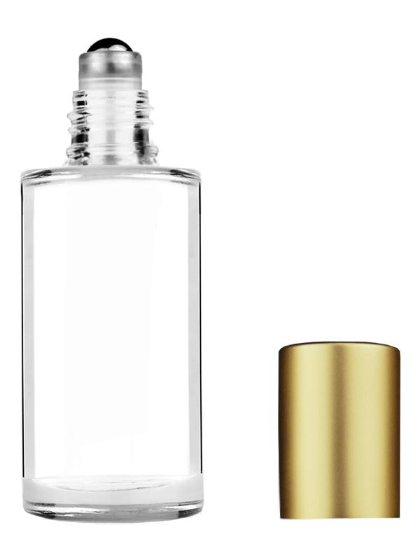 Cylinder design 9ml Clear glass bottle with metal roller ball plug and matte gold cap.