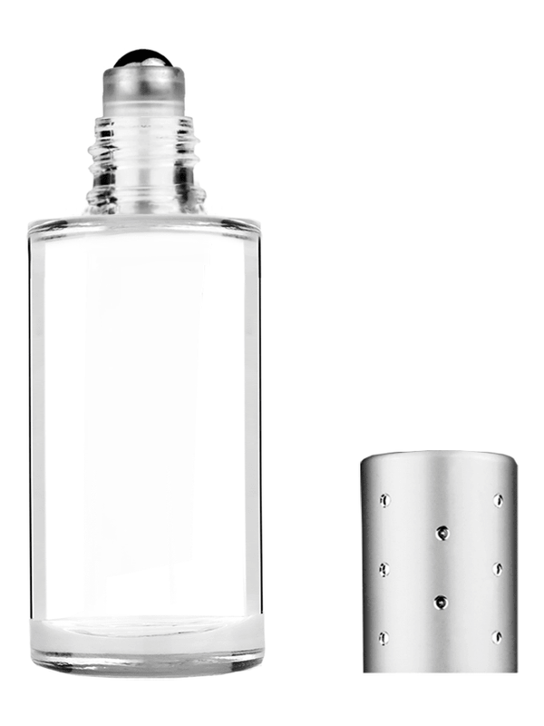 Cylinder design 9ml Clear glass bottle with metal roller ball plug and silver cap with dots.