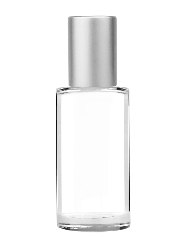 Cylinder design 9ml Clear glass bottle with metal roller ball plug and matte silver cap.