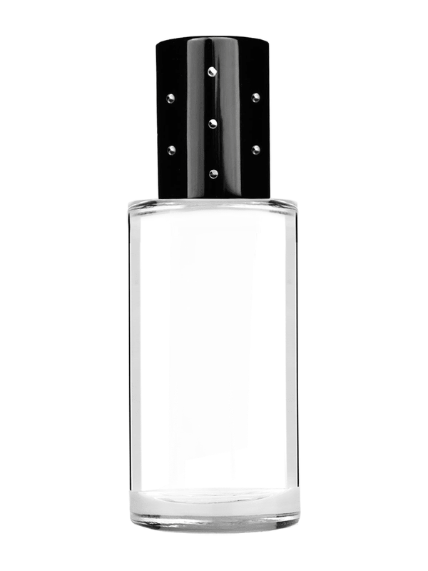 Cylinder design 9ml Clear glass bottle with roller ball plug and cap with black dots.