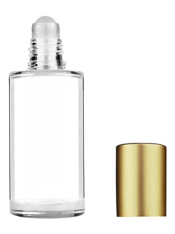 Cylinder design 9ml Clear glass bottle with roller ball plug and matte gold cap.