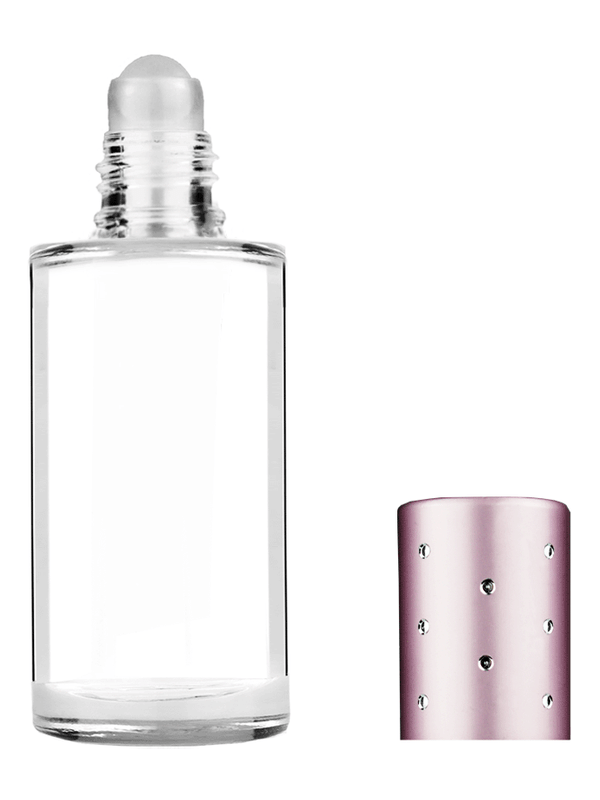 Cylinder design 9ml Clear glass bottle with roller ball plug and pink cap with dots.