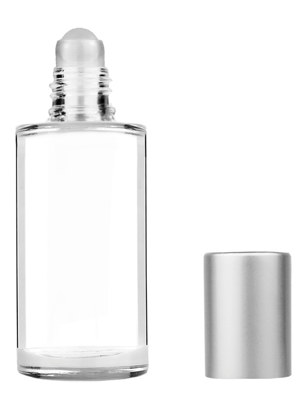 Cylinder design 9ml Clear glass bottle with roller ball plug and matte silver cap.