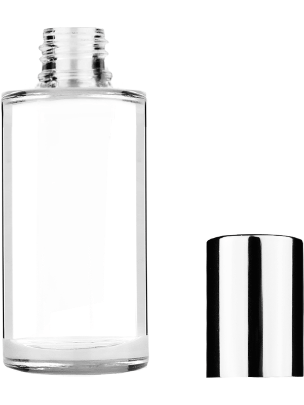 Cylinder design 9ml Clear glass bottle with silver plastic cap.