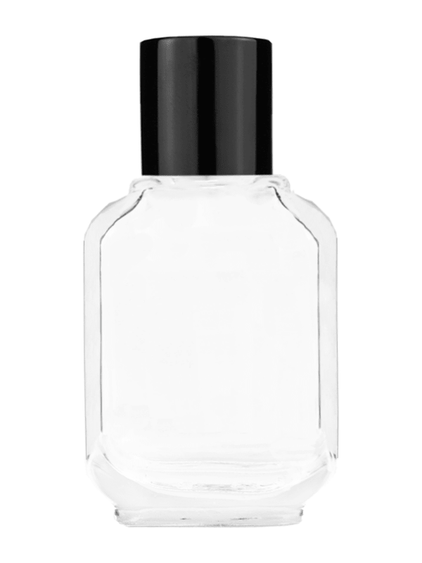 Empty Clear glass bottle with short shiny black cap capacity: 10ml, 1/3oz. For use with perfume or fragrance oil, essential oils, aromatic oils and aromatherapy.