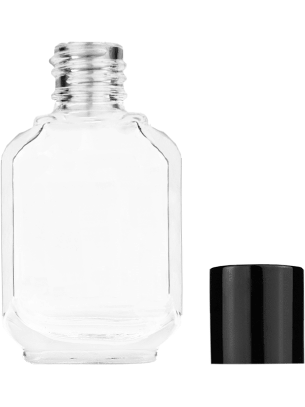 Empty Clear glass bottle with short shiny black cap capacity: 10ml, 1/3oz. For use with perfume or fragrance oil, essential oils, aromatic oils and aromatherapy.