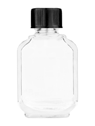 Footed rectangular design 10ml, 1/3oz Clear glass bottle with short ridged black cap.