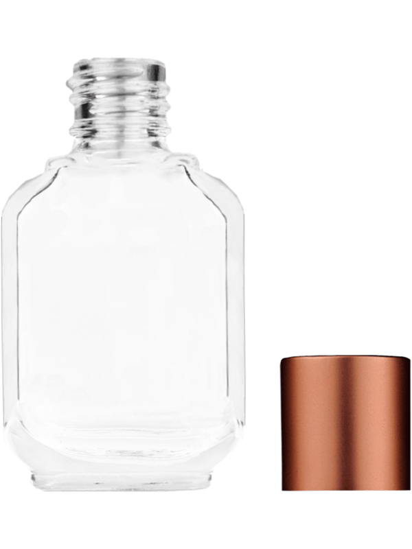 Empty Clear glass bottle with short matte copper cap capacity: 10ml, 1/3oz. For use with perfume or fragrance oil, essential oils, aromatic oils and aromatherapy.