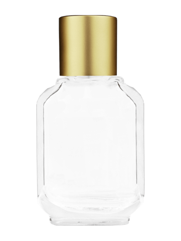 Empty Clear glass bottle with short matte gold cap capacity: 10ml, 1/3oz. For use with perfume or fragrance oil, essential oils, aromatic oils and aromatherapy.