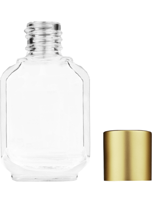 Empty Clear glass bottle with short matte gold cap capacity: 10ml, 1/3oz. For use with perfume or fragrance oil, essential oils, aromatic oils and aromatherapy.