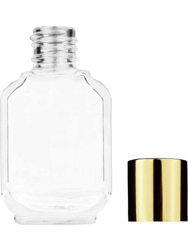 Empty Clear glass bottle with short shiny gold cap capacity: 10ml, 1/3oz. For use with perfume or fragrance oil, essential oils, aromatic oils and aromatherapy.