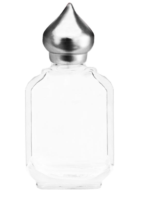 Empty Clear glass bottle with silver minaret dab on cap capacity 10ml.  For use with perfume or fragrance oil, essential oils, aromatic oils and aromatherapy.