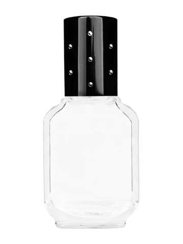 Footed rectangular design 10ml, 1/3oz Clear glass bottle with metal roller ball plug and black shiny cap with dots.