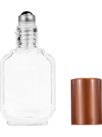 Footed rectangular design 10ml, 1/3oz Clear glass bottle with metal roller ball plug and matte copper cap.