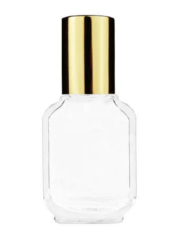 Footed rectangular design 10ml, 1/3oz Clear glass bottle with metal roller ball plug and shiny gold cap.