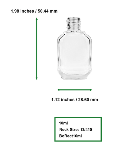 Footed rectangular design 10ml, 1/3oz Clear glass bottle with metal roller ball plug and silver cap with dots.