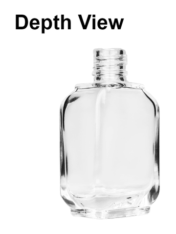 Footed rectangular design 10ml, 1/3oz Clear glass bottle with metal roller ball plug and silver cap with dots.