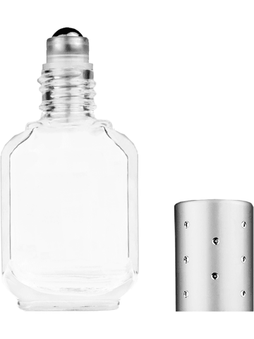 Footed rectangular design 10ml, 1/3oz Clear glass bottle with metal roller ball plug and silver cap with dots.