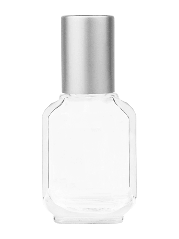 Footed rectangular design 10ml, 1/3oz Clear glass bottle with metal roller ball plug and matte silver cap.