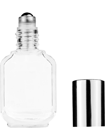 Footed rectangular design 10ml, 1/3oz Clear glass bottle with metal roller ball plug and shiny silver cap.