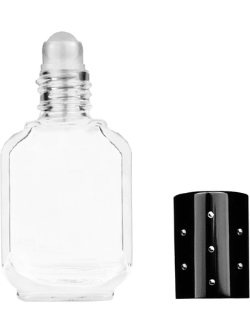 Footed rectangular design 10ml, 1/3oz Clear glass bottle with plastic roller ball plug and black shiny cap with dots.