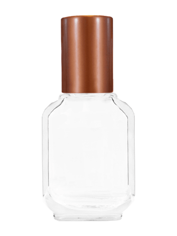 Footed rectangular design 10ml, 1/3oz Clear glass bottle with plastic roller ball plug and matte copper cap.