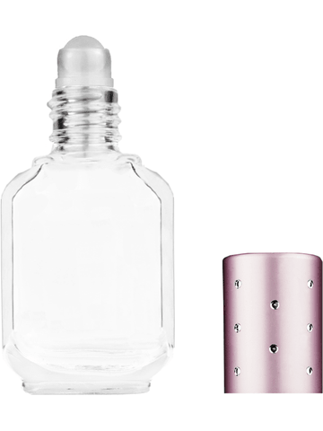 Footed rectangular design 10ml, 1/3oz Clear glass bottle with plastic roller ball plug and pink cap with dots.