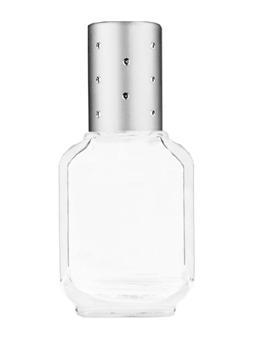 Footed rectangular design 10ml, 1/3oz Clear glass bottle with plastic roller ball plug and silver cap with dots.