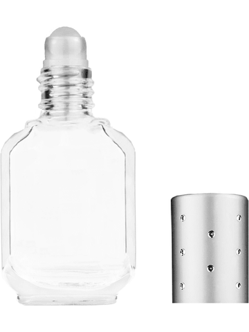 Footed rectangular design 10ml, 1/3oz Clear glass bottle with plastic roller ball plug and silver cap with dots.