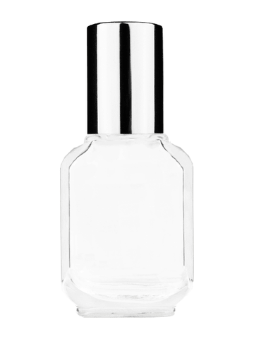 Footed rectangular design 10ml, 1/3oz Clear glass bottle with plastic roller ball plug and shiny silver cap.