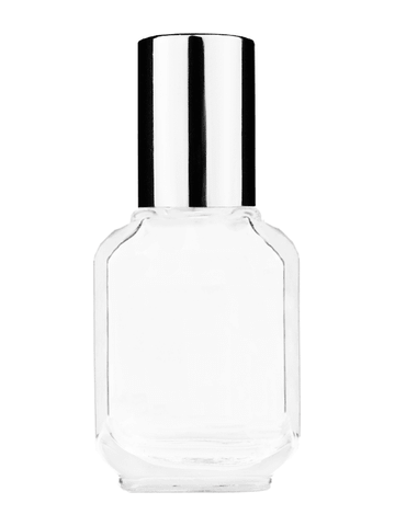 Footed rectangular design 10ml, 1/3oz Clear glass bottle with shiny silver cap.