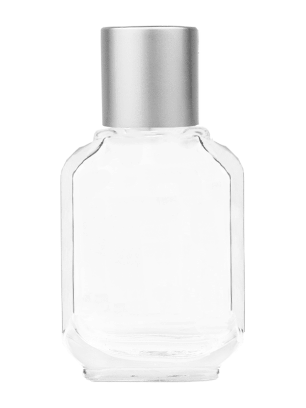 Empty Clear glass bottle with short matte silver cap capacity: 10ml, 1/3oz. For use with perfume or fragrance oil, essential oils, aromatic oils and aromatherapy.