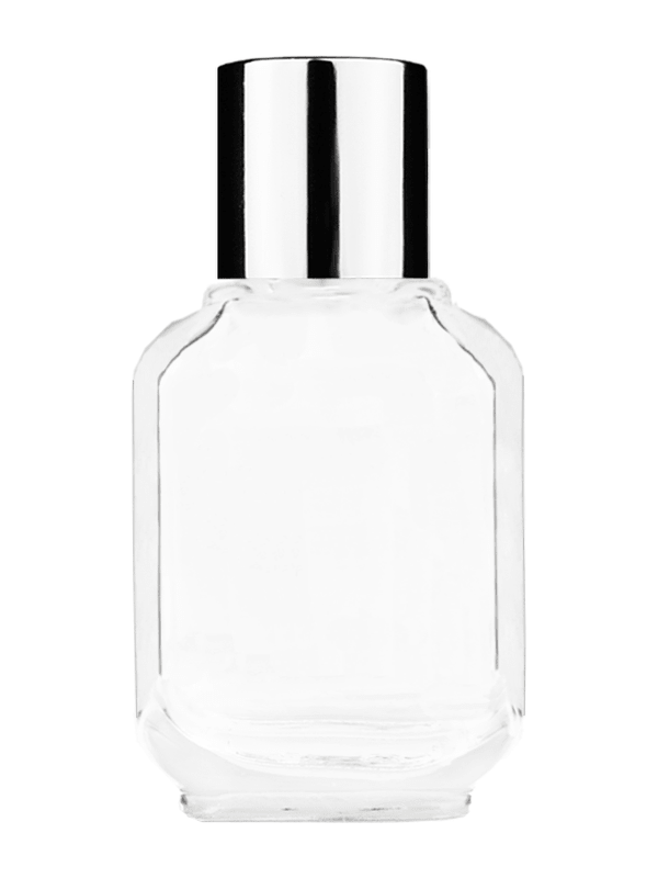 Empty Clear glass bottle with short shiny silver cap capacity: 10ml, 1/3oz. For use with perfume or fragrance oil, essential oils, aromatic oils and aromatherapy.