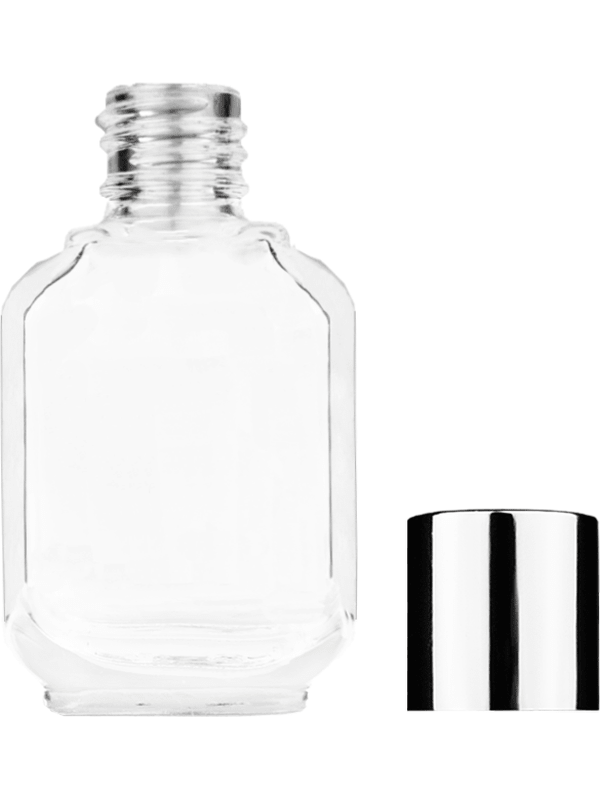 Empty Clear glass bottle with short shiny silver cap capacity: 10ml, 1/3oz. For use with perfume or fragrance oil, essential oils, aromatic oils and aromatherapy.