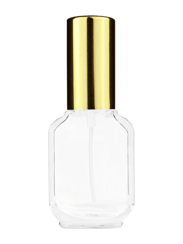 Footed rectangular design 10ml, 1/3oz Clear glass bottle with shiny gold spray.