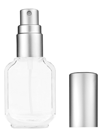 Footed rectangular design 10ml, 1/3oz Clear glass bottle with matte silver spray.