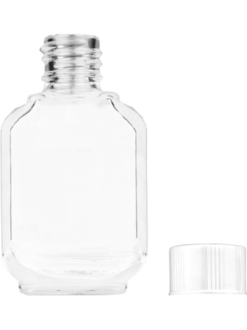 Footed rectangular design 10ml, 1/3oz Clear glass bottle with short white cap.